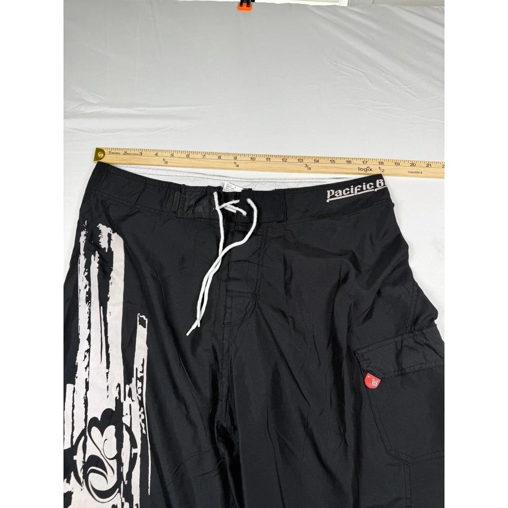 Pacific Blue Mens Black Graphic Board Shorts Cargo Pocket Swim Trunks Size L